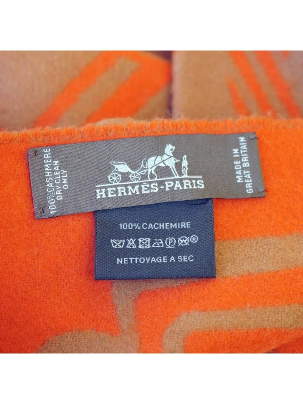 Hermes Scarf Fringe Beige Orange Dore Buckle Cashmere 100%